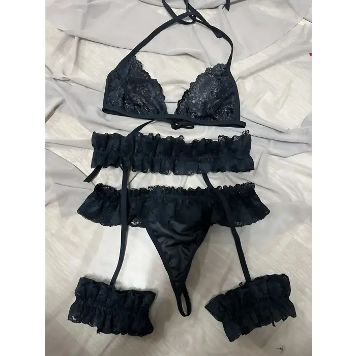 Bacak Bantlı Dantel Fantezi Jartiyer Takım