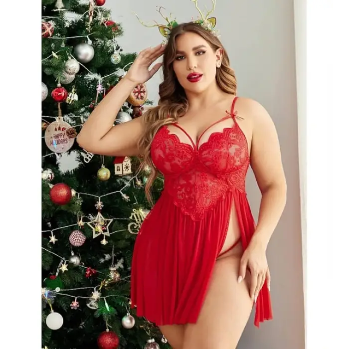 Büyük Beden Dantel Detaylı Transparan Gecelik