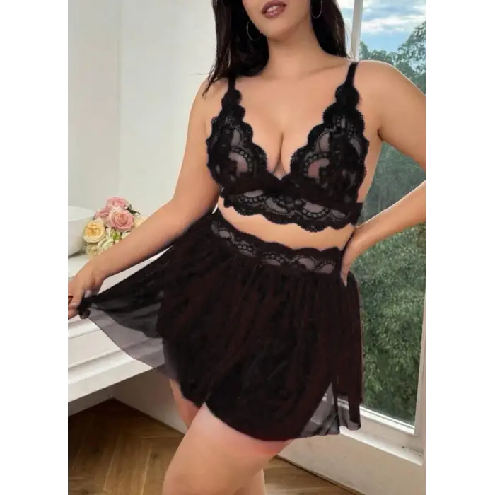 Dantel Detay Transparan Fantezi Sütyen Etek Takım