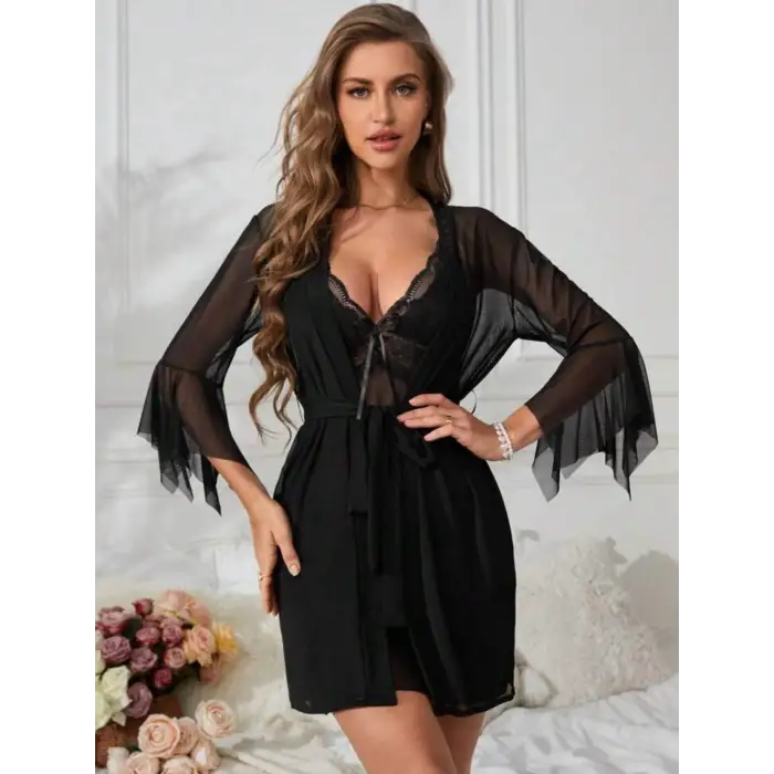 Dantelli Transparan Gecelik Sabahlık Takım