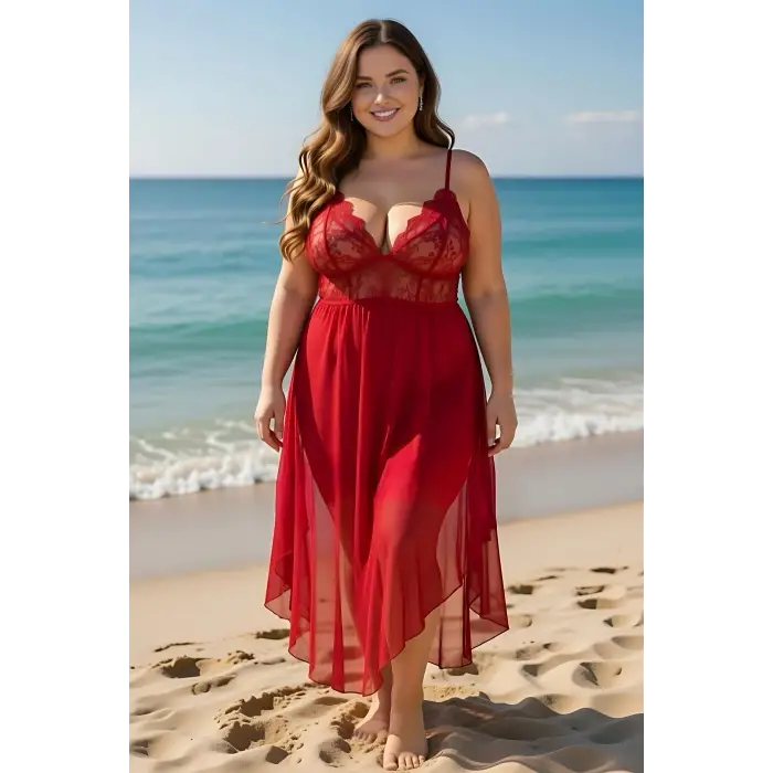 Dantelli Transparan Uzun Yırtmaçlı Gecelik