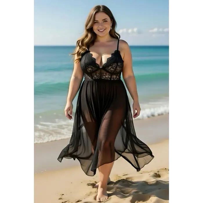 Dantelli Transparan Uzun Yırtmaçlı Gecelik