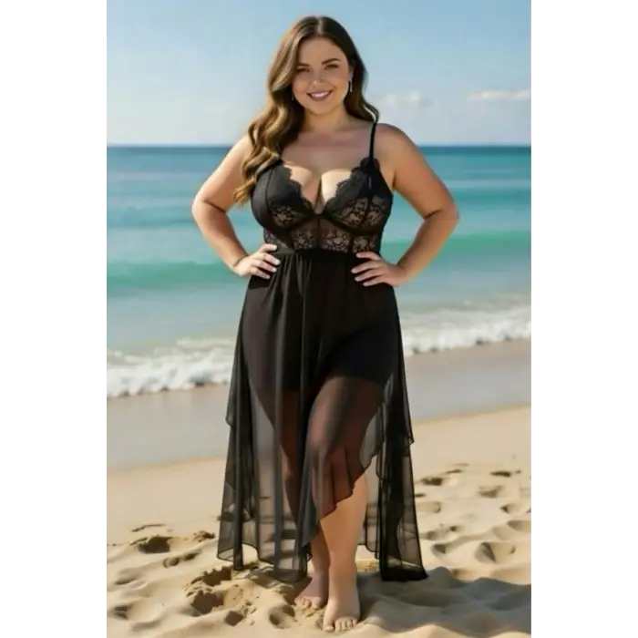 Dantelli Transparan Uzun Yırtmaçlı Gecelik