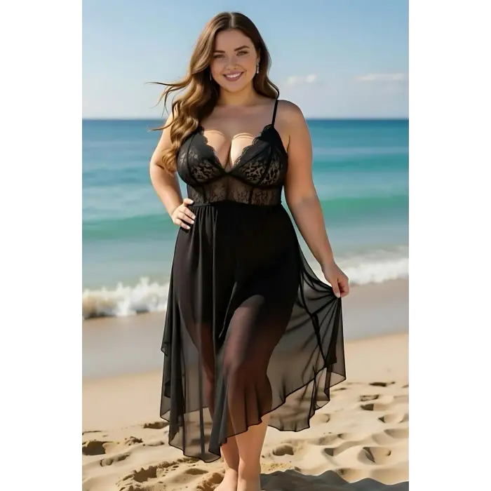 Dantelli Transparan Uzun Yırtmaçlı Gecelik