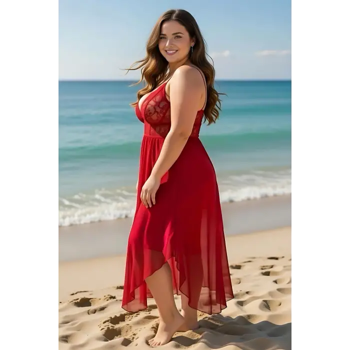 Dantelli Transparan Uzun Yırtmaçlı Gecelik