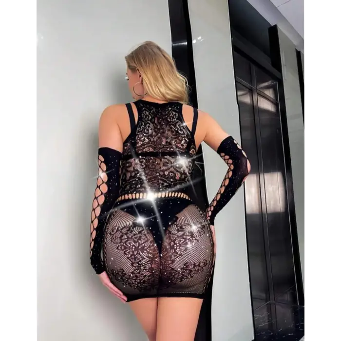 Taşlı Eldivenli Vücut Çorabı