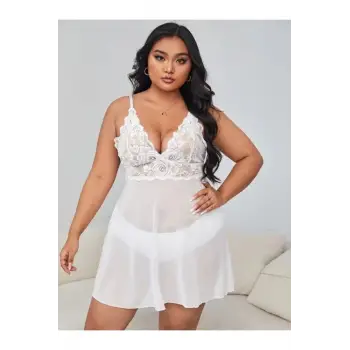 Büyük Beden Dantel Detaylı Tül Gecelik