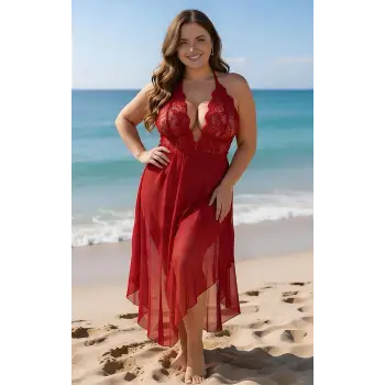 Dantelli Transparan Uzun Yırtmaçlı Gecelik