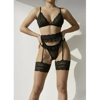 Bacak Bantlı Dantel Fantezi Jartiyer Takım