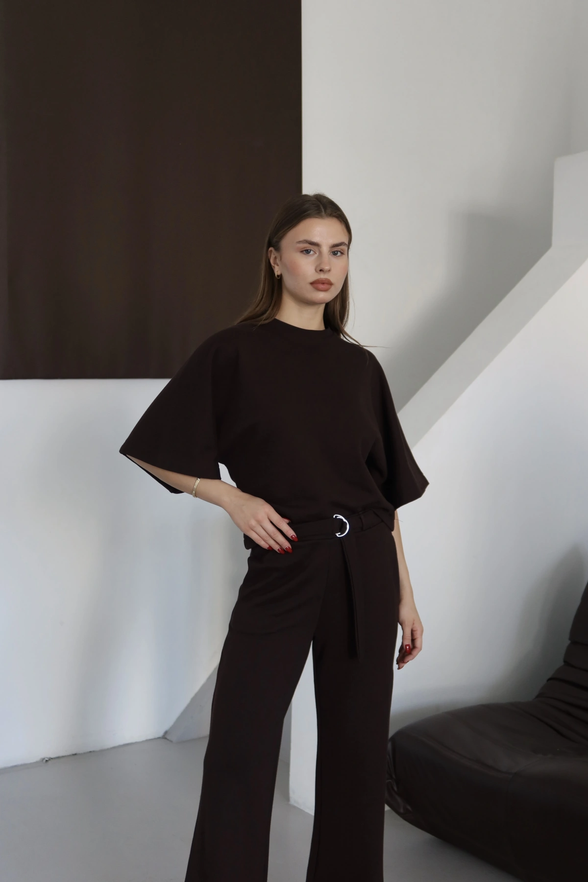 3 İplik Kısa Kol Takım Kahve