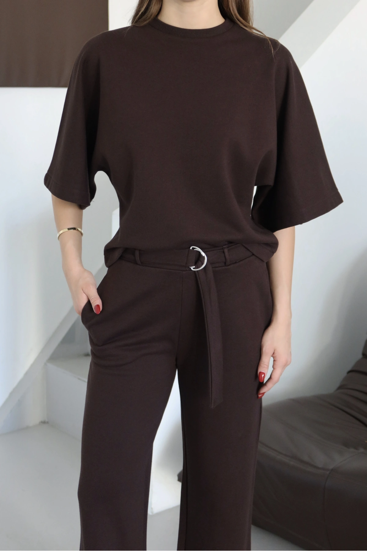 3 İplik Kısa Kol Takım Kahve