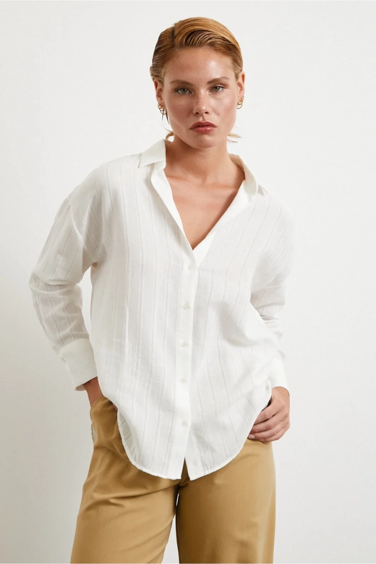 Çizgili Pamuklu Gömlek Beyaz