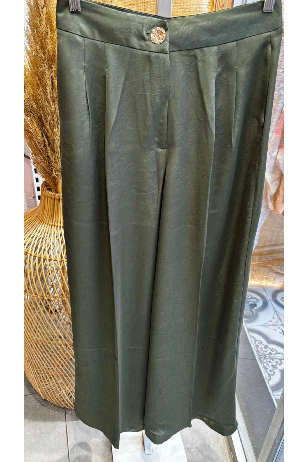 Pileli Saten Pantolon Yeşil