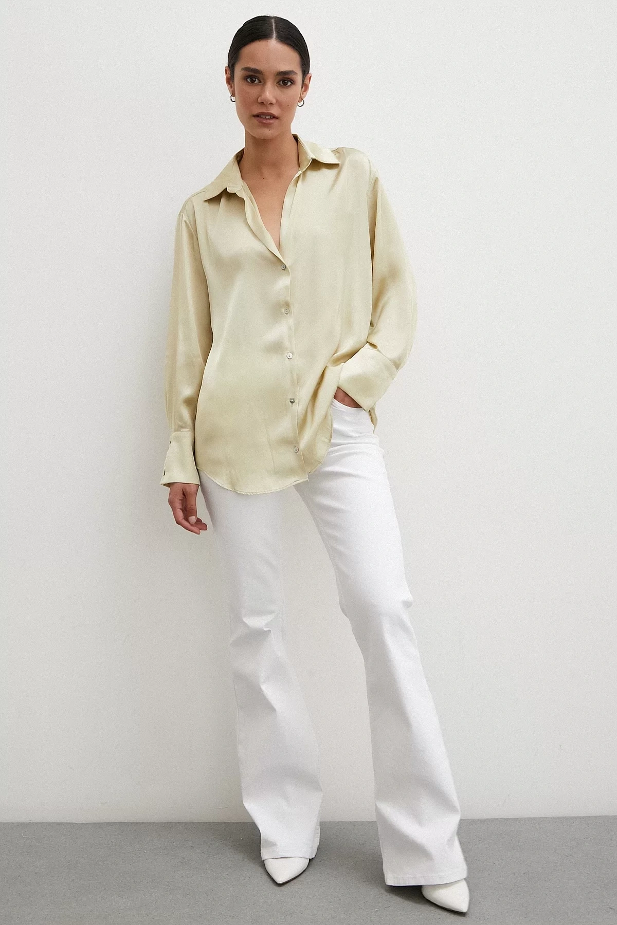 Basic Saten Gömlek Bej