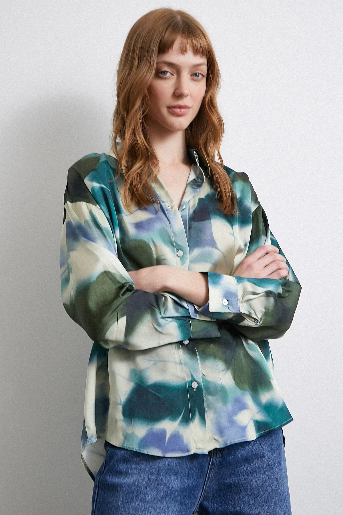 Batik Desen Saten Gömlek Petrol