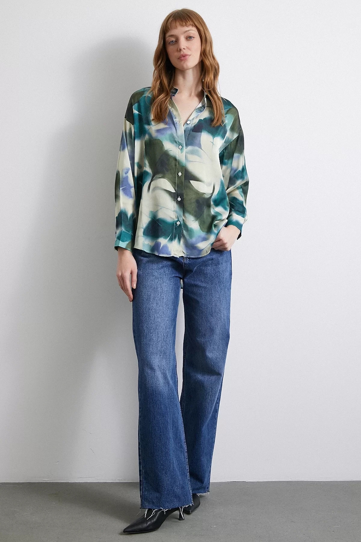 Batik Desen Saten Gömlek Petrol