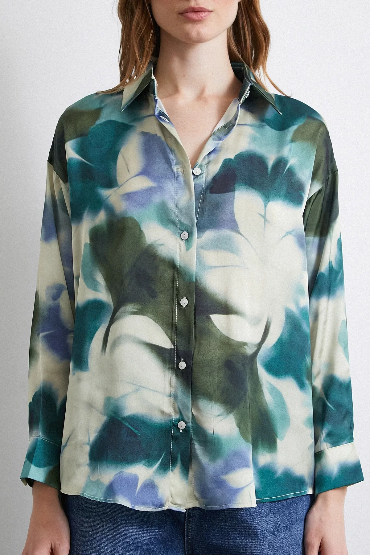 Batik Desen Saten Gömlek Petrol