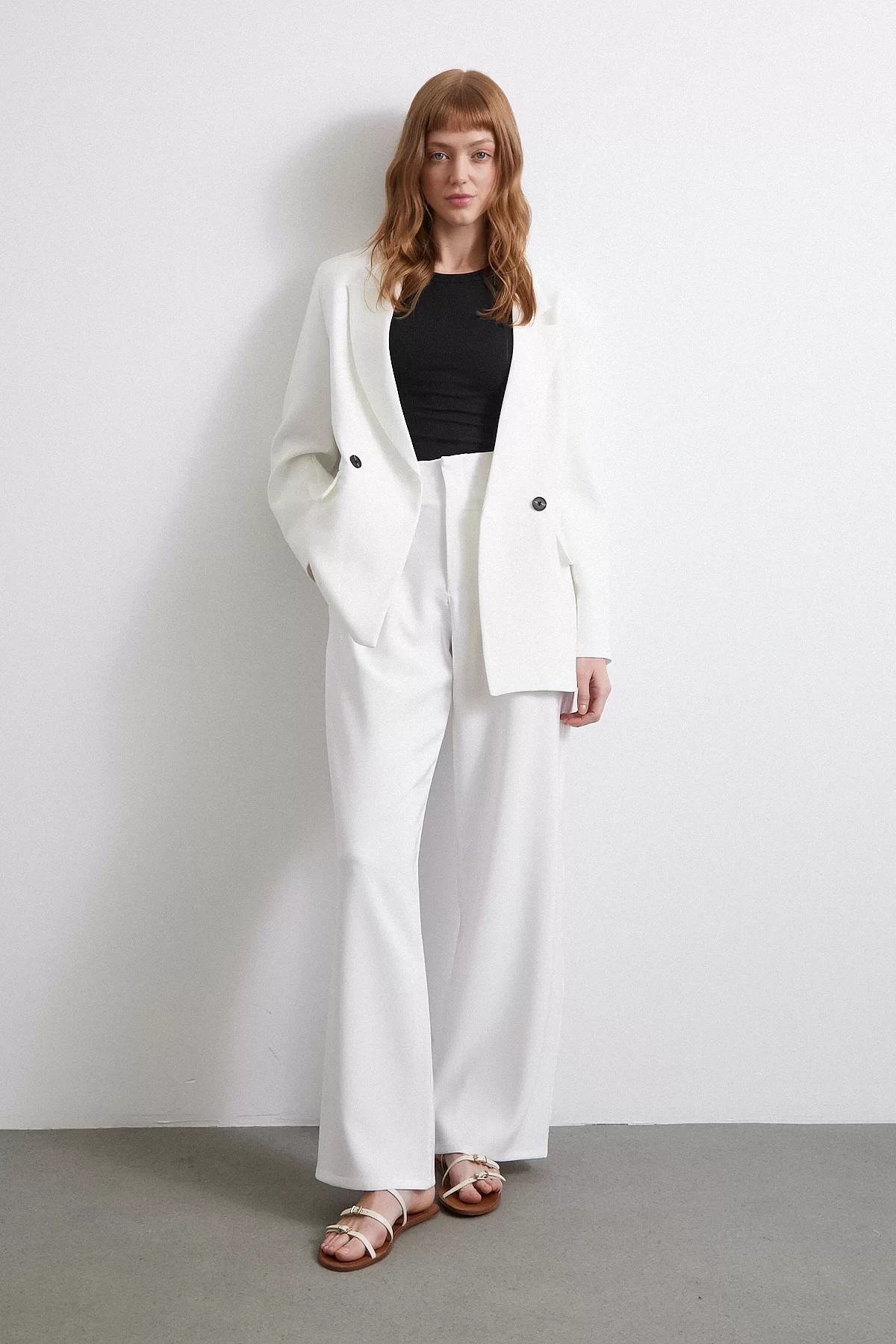 Bel Detaylı Wide Leg Pantolon Ekru