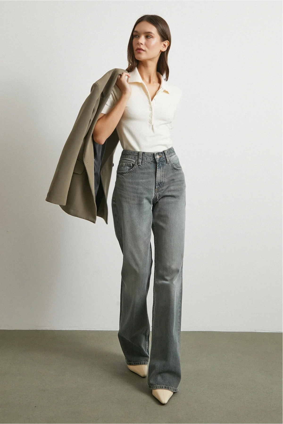 Beş Cepli Yüksek Bel Jean Füme