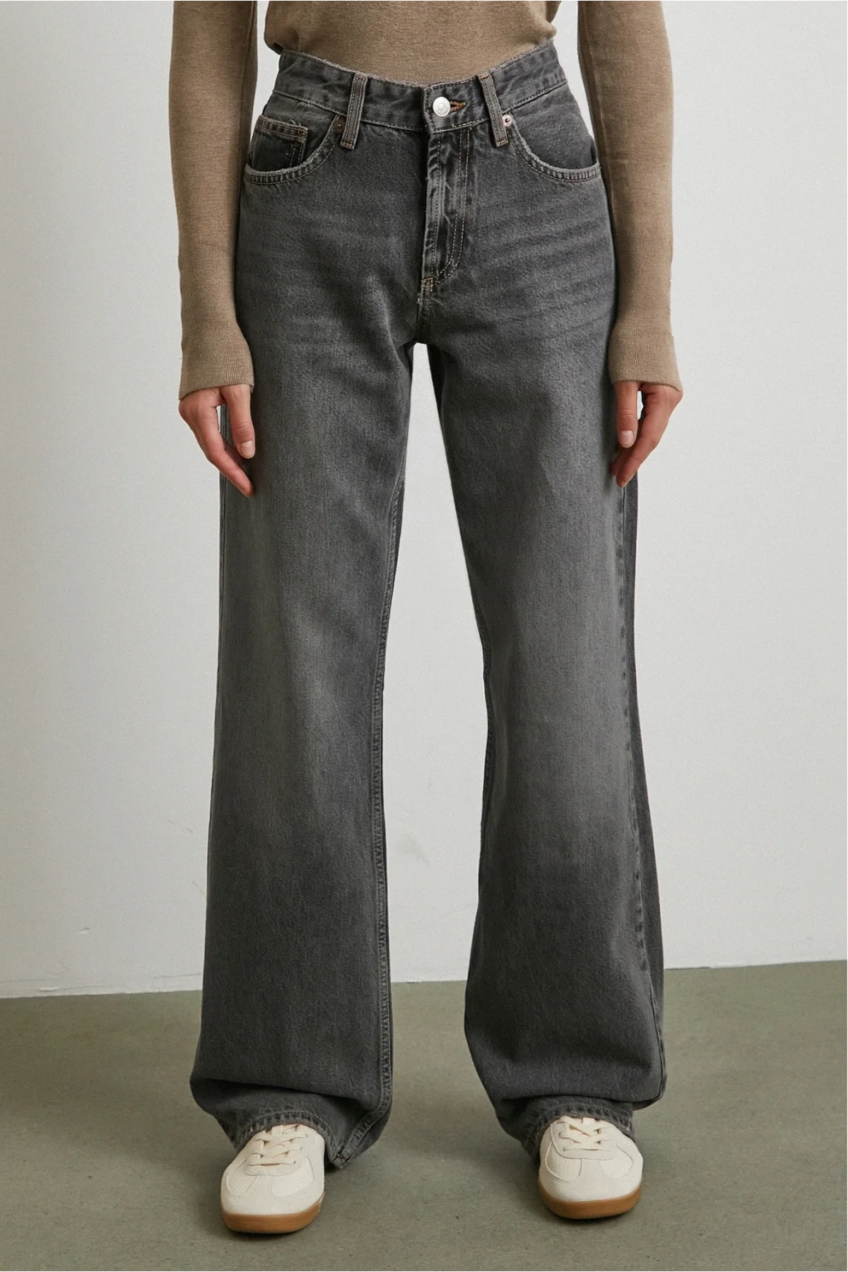 Beş Cepli Yüksek Bel Jean Gri