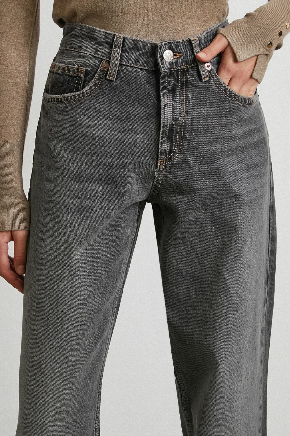 Beş Cepli Yüksek Bel Jean Gri