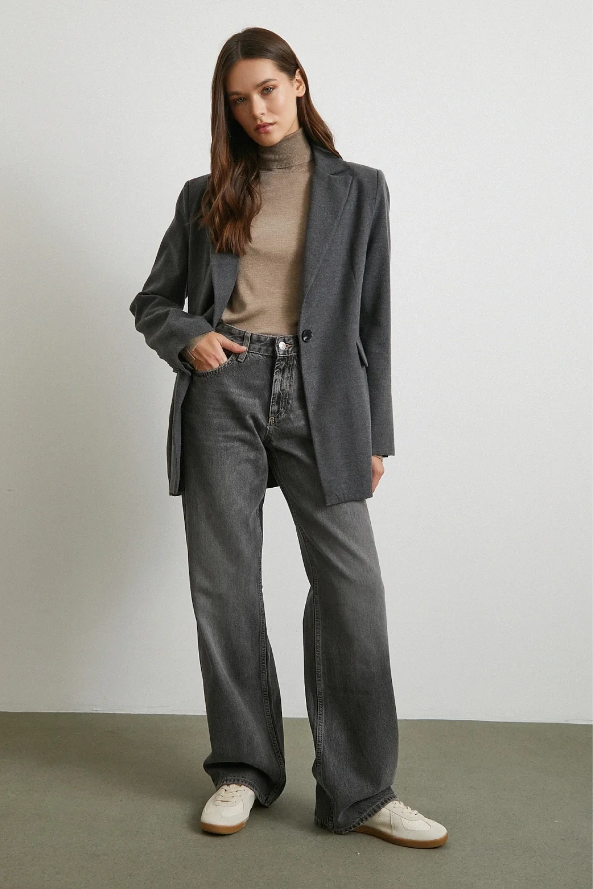 Beş Cepli Yüksek Bel Jean Gri