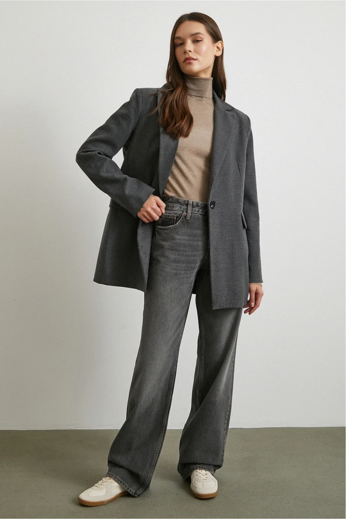 Beş Cepli Yüksek Bel Jean Gri