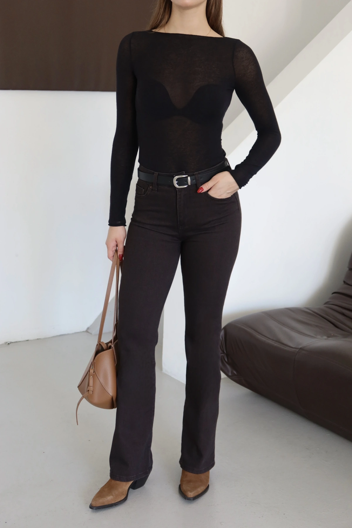 Brown İspanyol Paça Jean Kahve