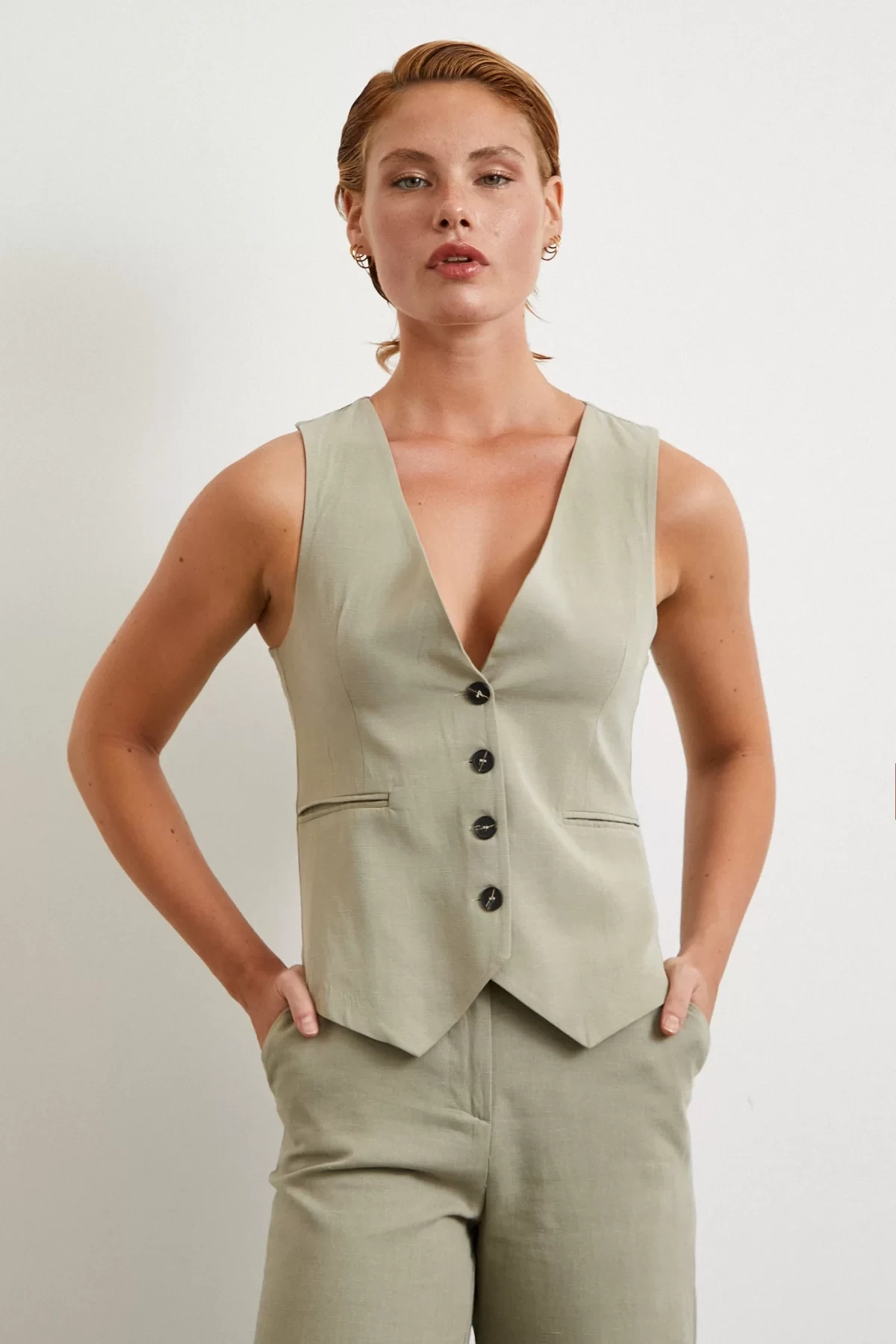 Cep Kapaklı Keten Yelek Gri