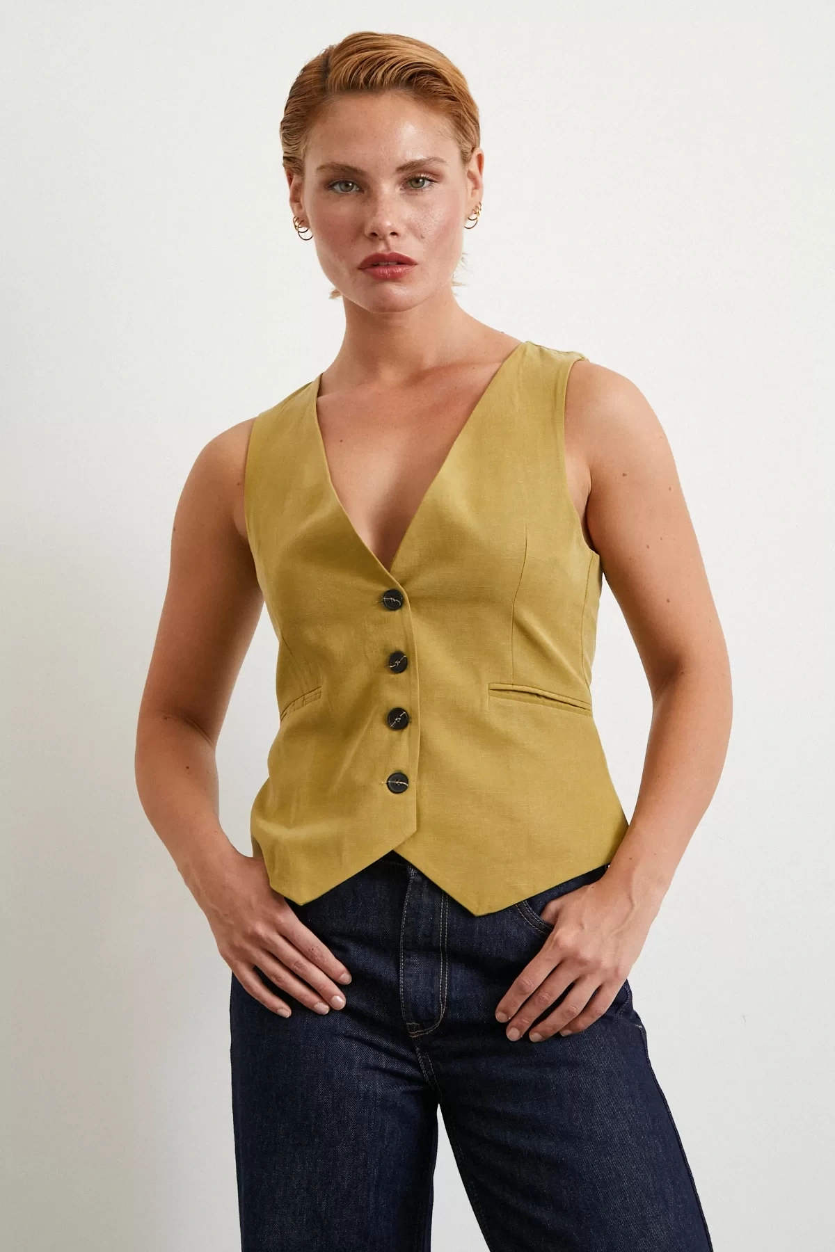 Cep Kapaklı Keten Yelek Olive