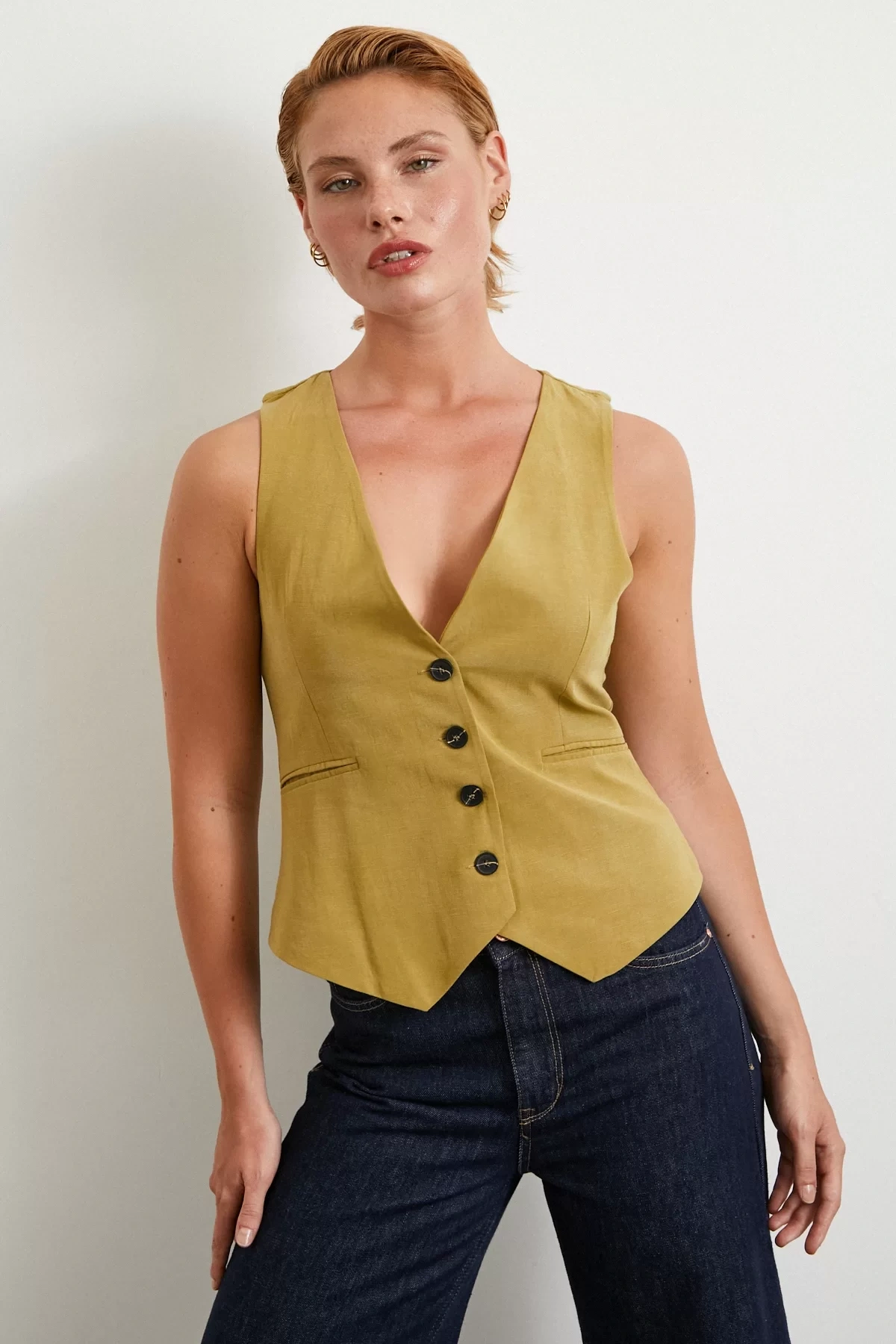 Cep Kapaklı Keten Yelek Olive