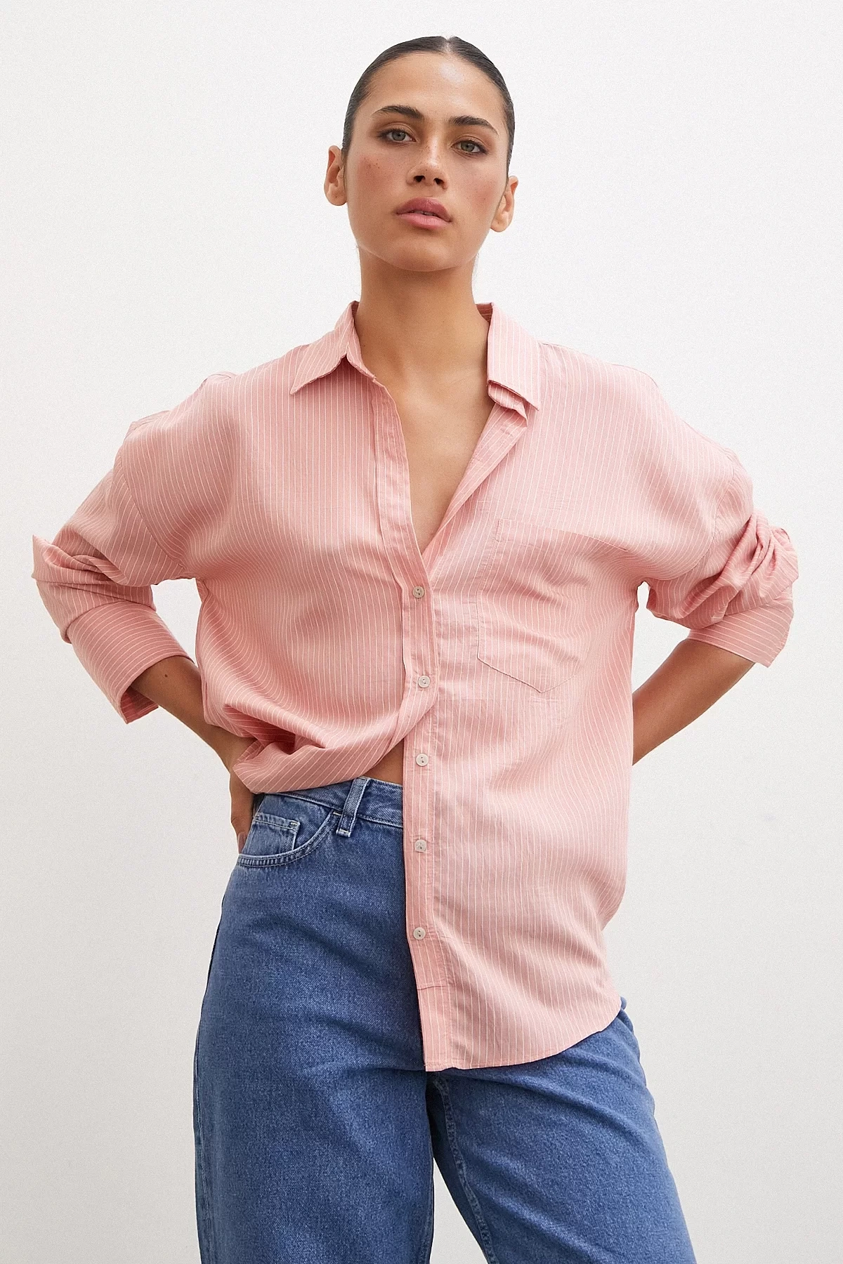 Cepli Çizgili Gömlek Gül Kurusu