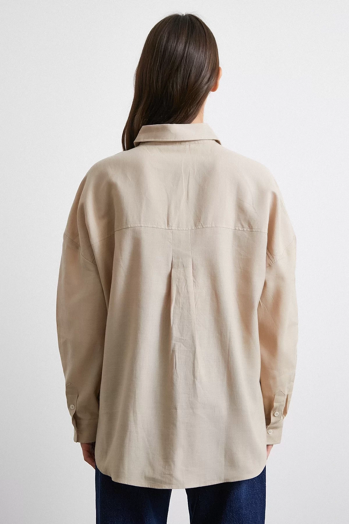 Cepli Oversize Keten Gömlek Bej