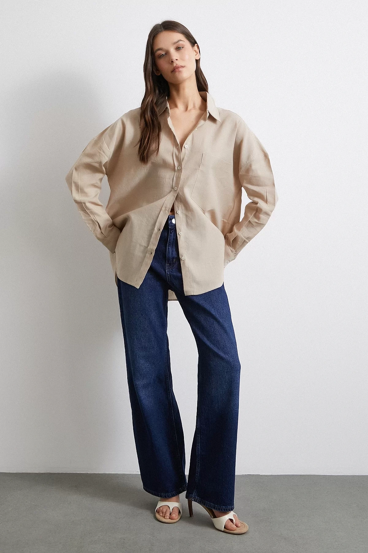 Cepli Oversize Keten Gömlek Bej