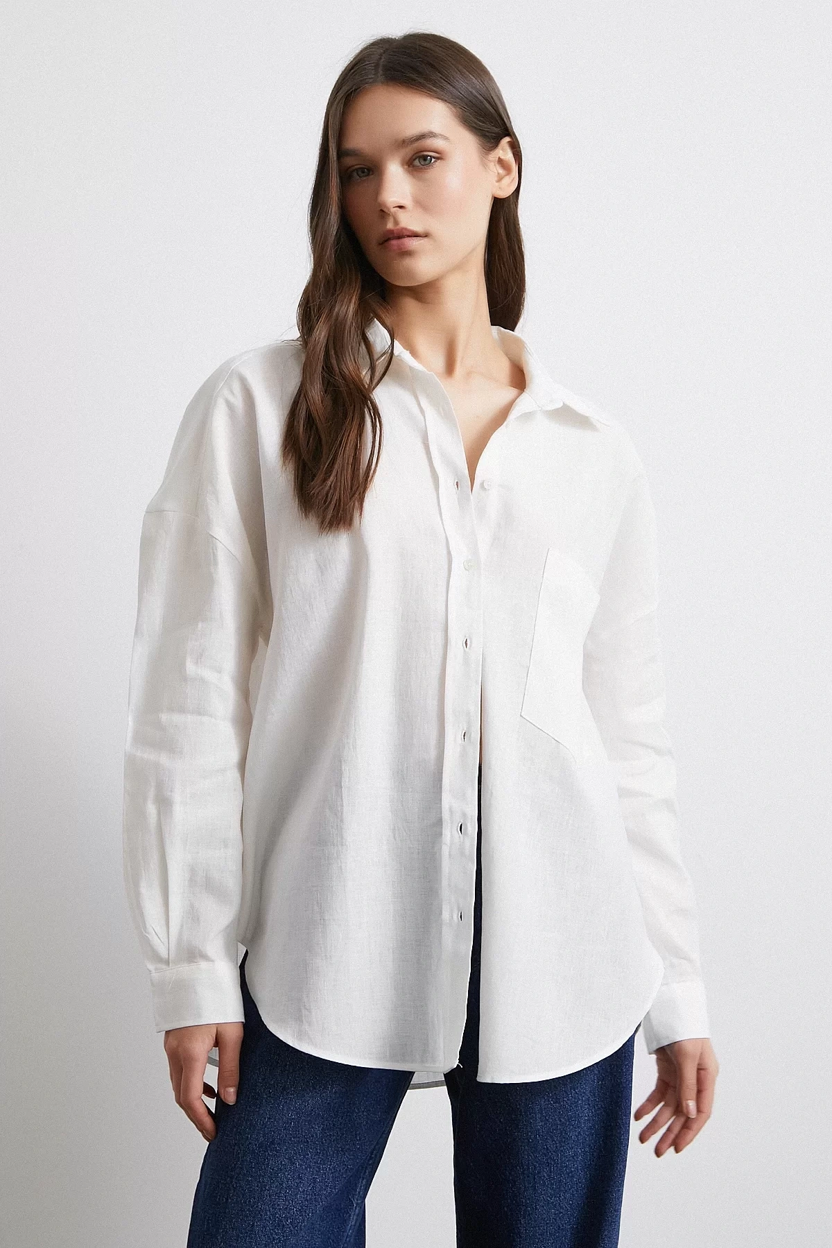 Cepli Oversize Keten Gömlek Ekru