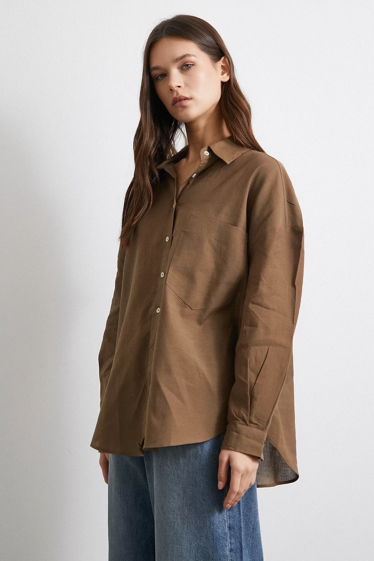 Cepli Oversize Keten Gömlek Kahve