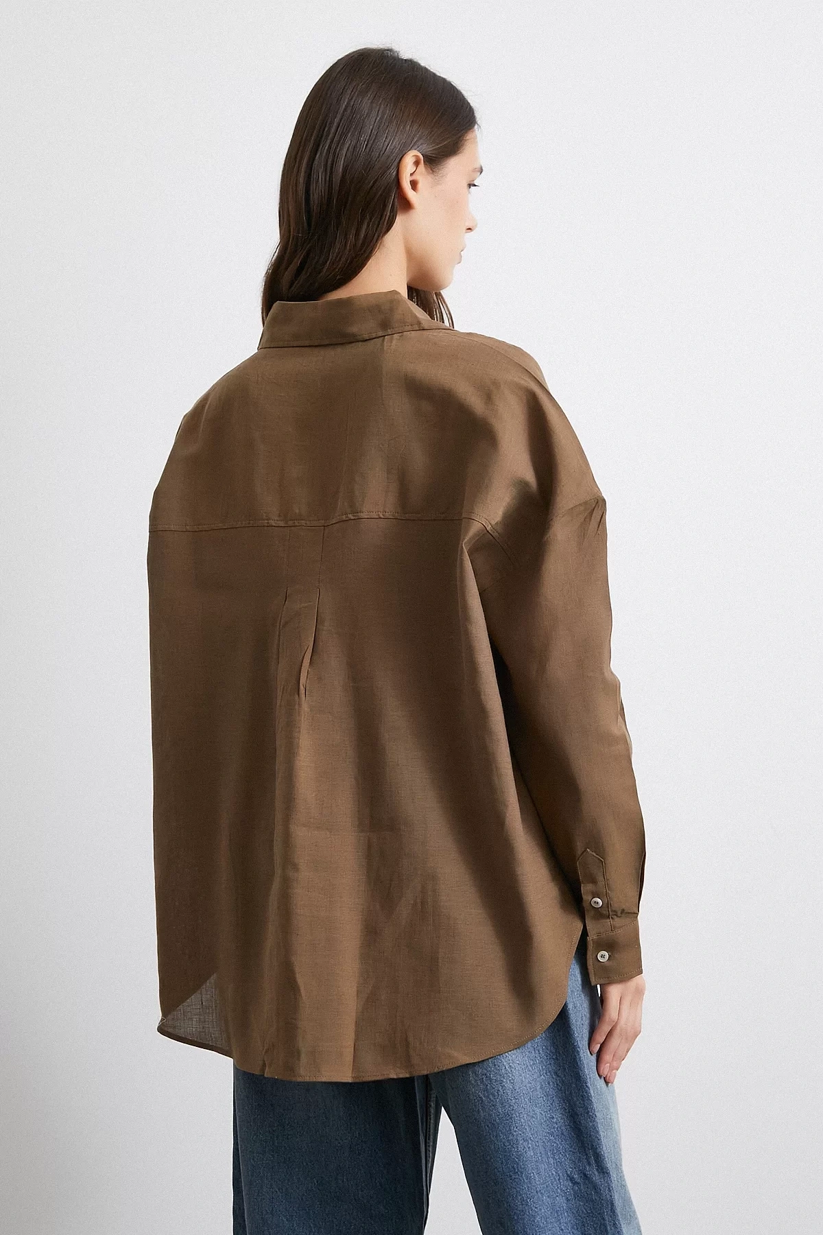 Cepli Oversize Keten Gömlek Kahve