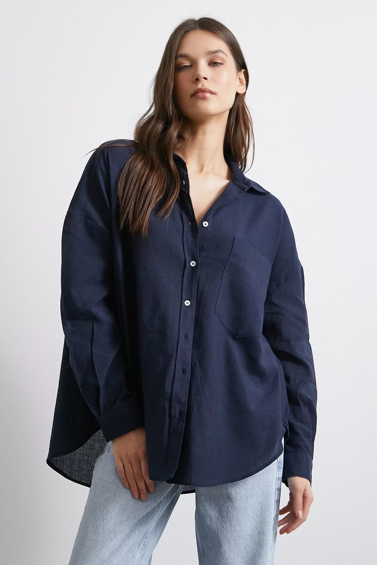Cepli Oversize Keten Gömlek Lacivert