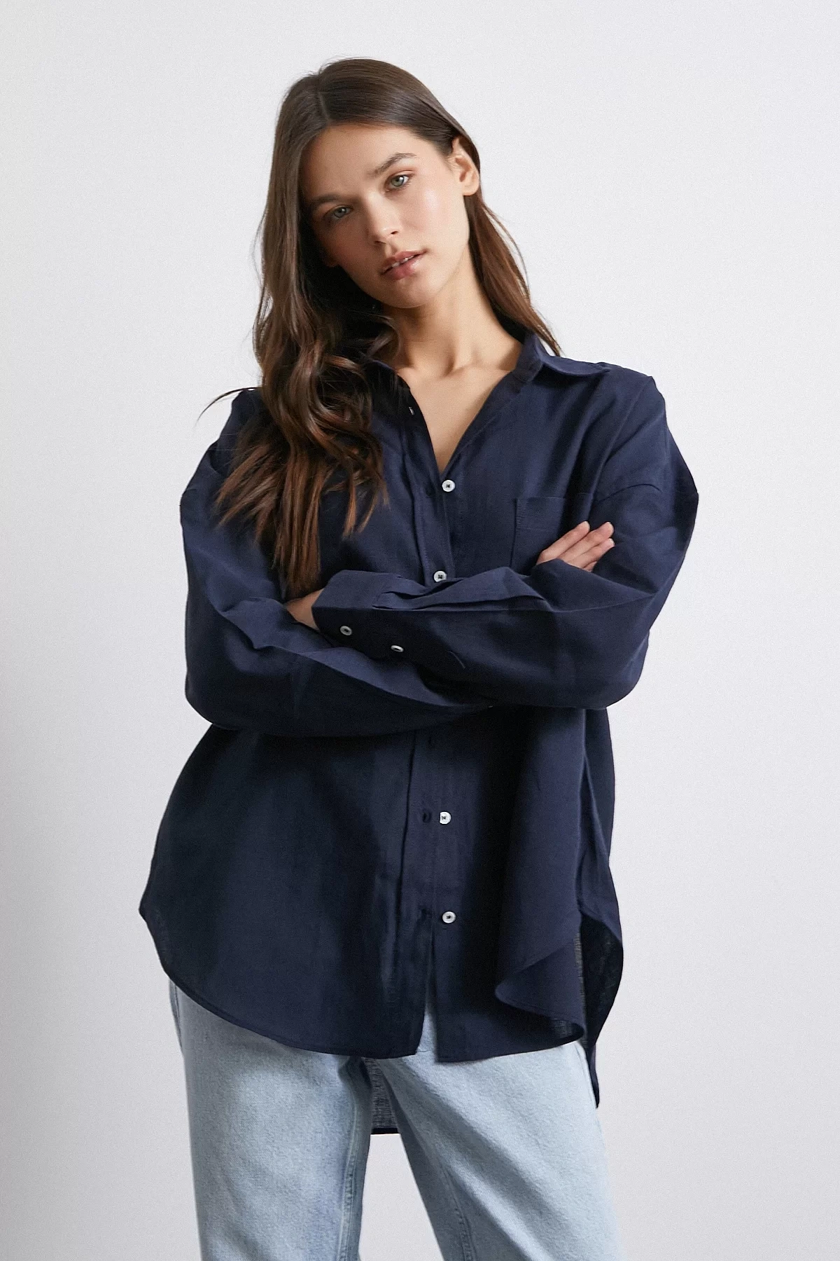 Cepli Oversize Keten Gömlek Lacivert