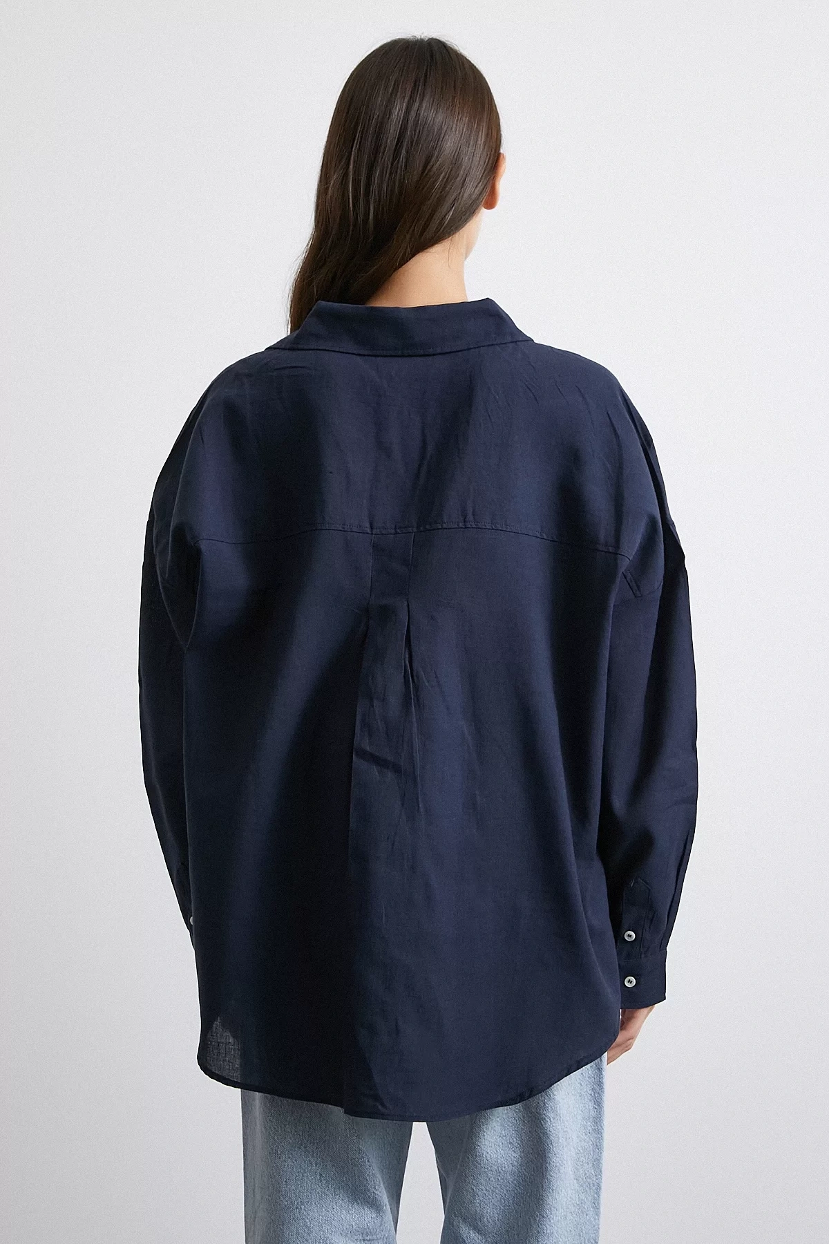 Cepli Oversize Keten Gömlek Lacivert