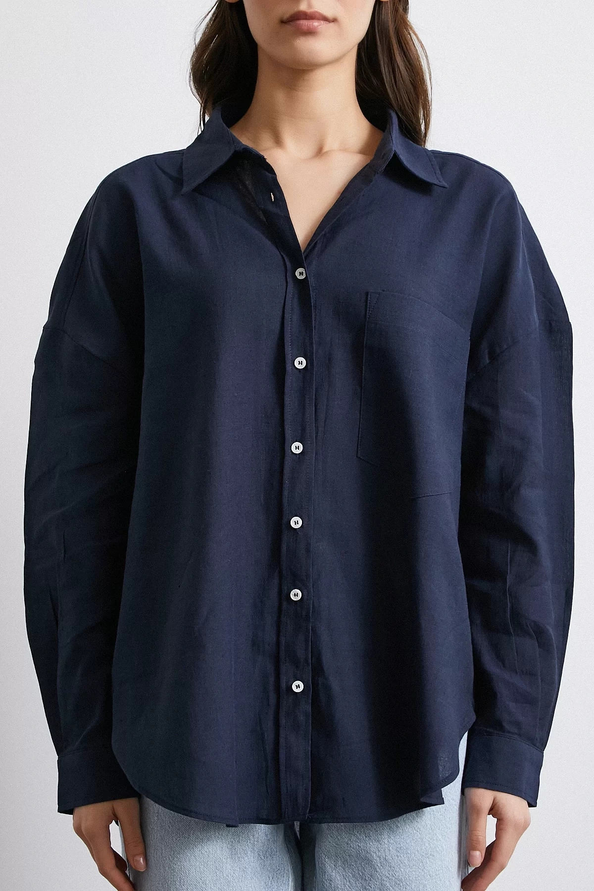 Cepli Oversize Keten Gömlek Lacivert