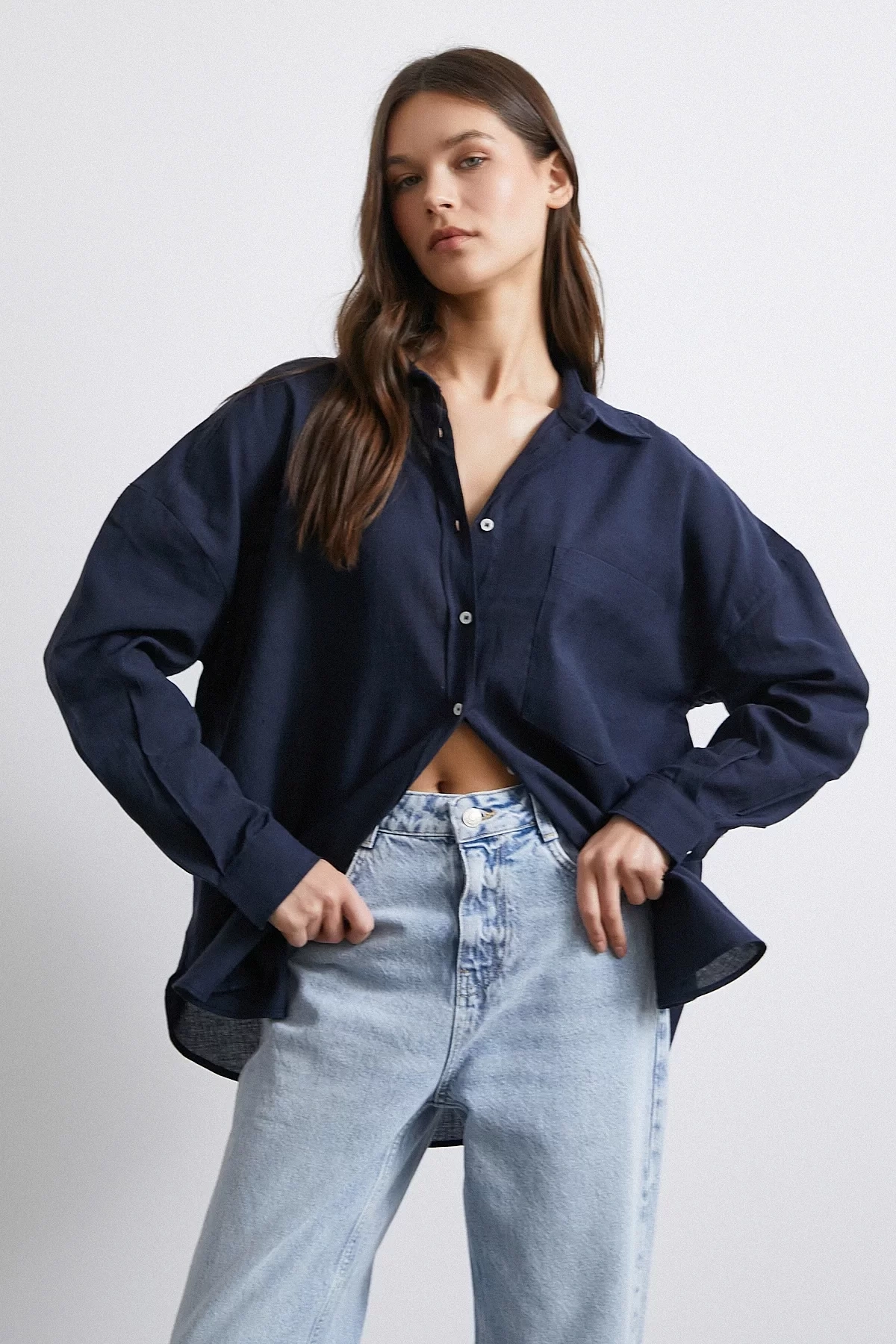 Cepli Oversize Keten Gömlek Lacivert