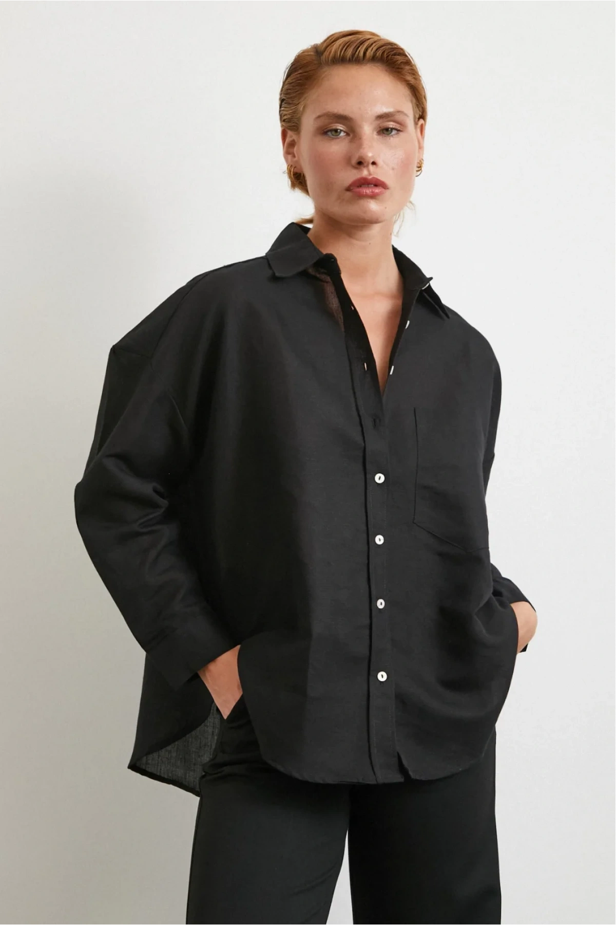 Cepli Oversize Keten Gömlek Siyah