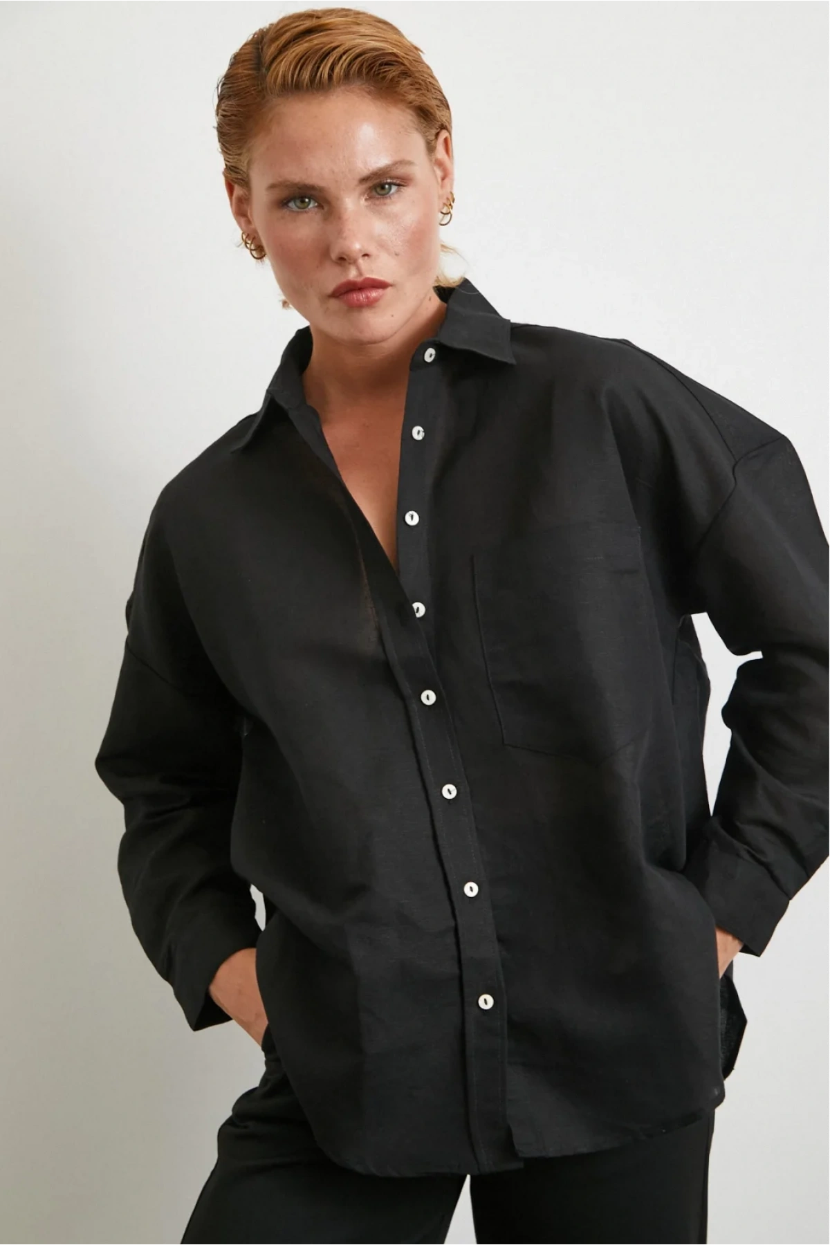 Cepli Oversize Keten Gömlek Siyah