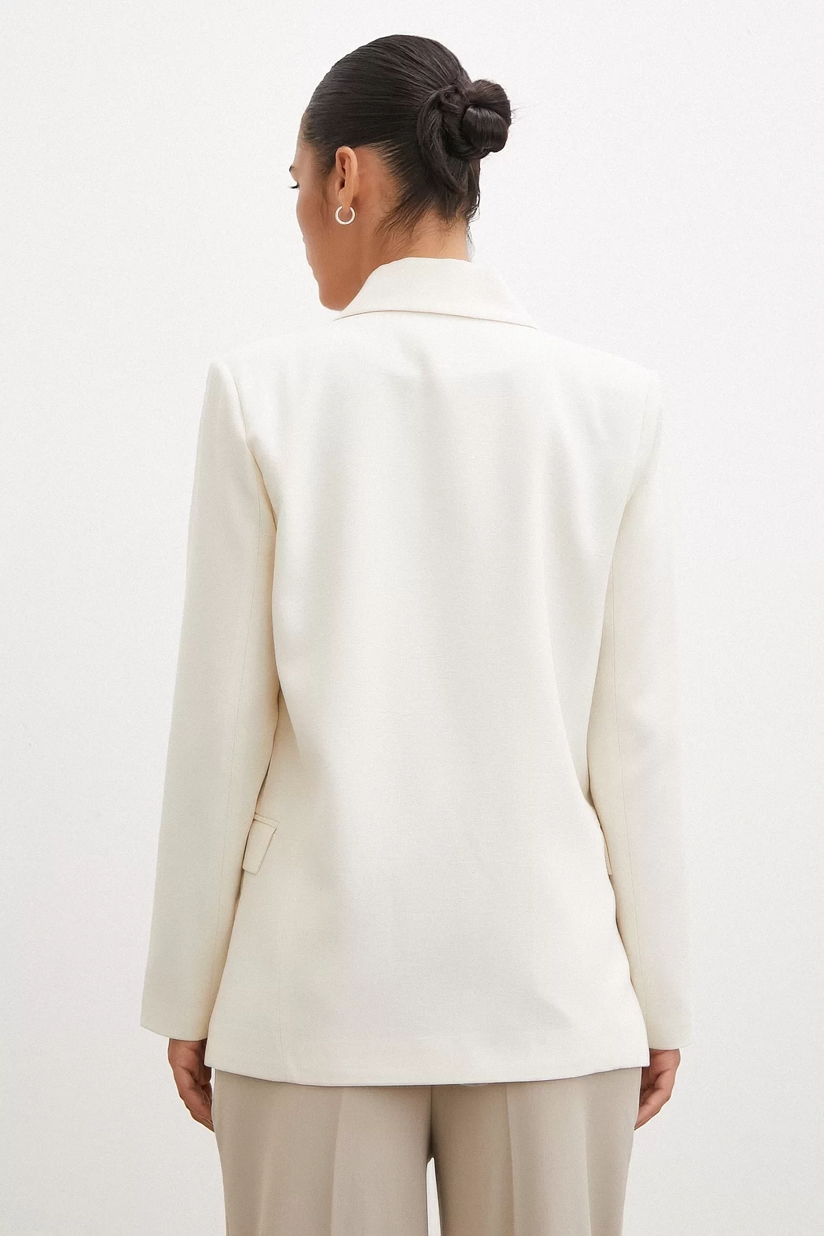 Çift Düğmeli Keten Blazer Ceket Ekru