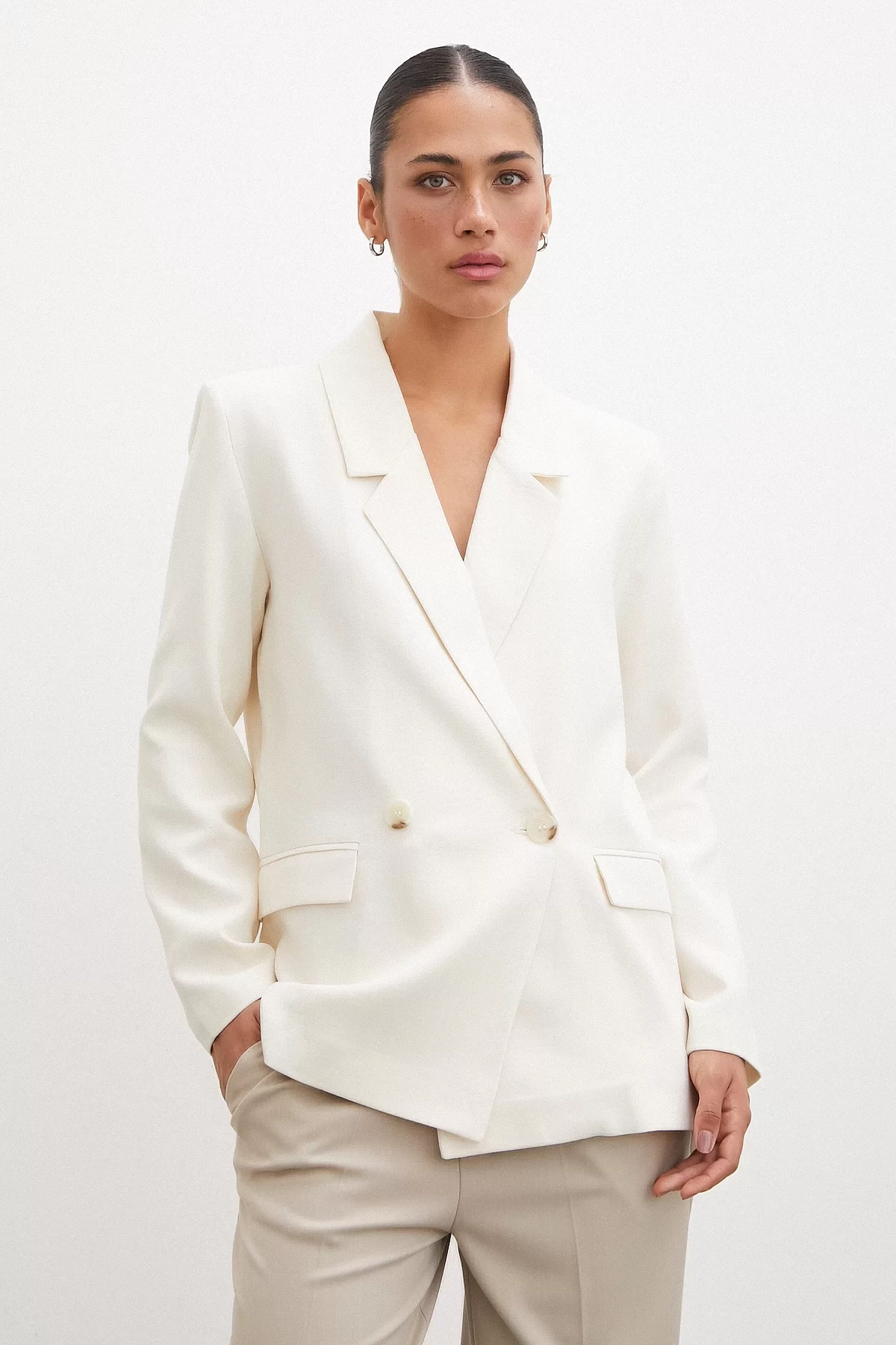 Çift Düğmeli Keten Blazer Ceket Ekru
