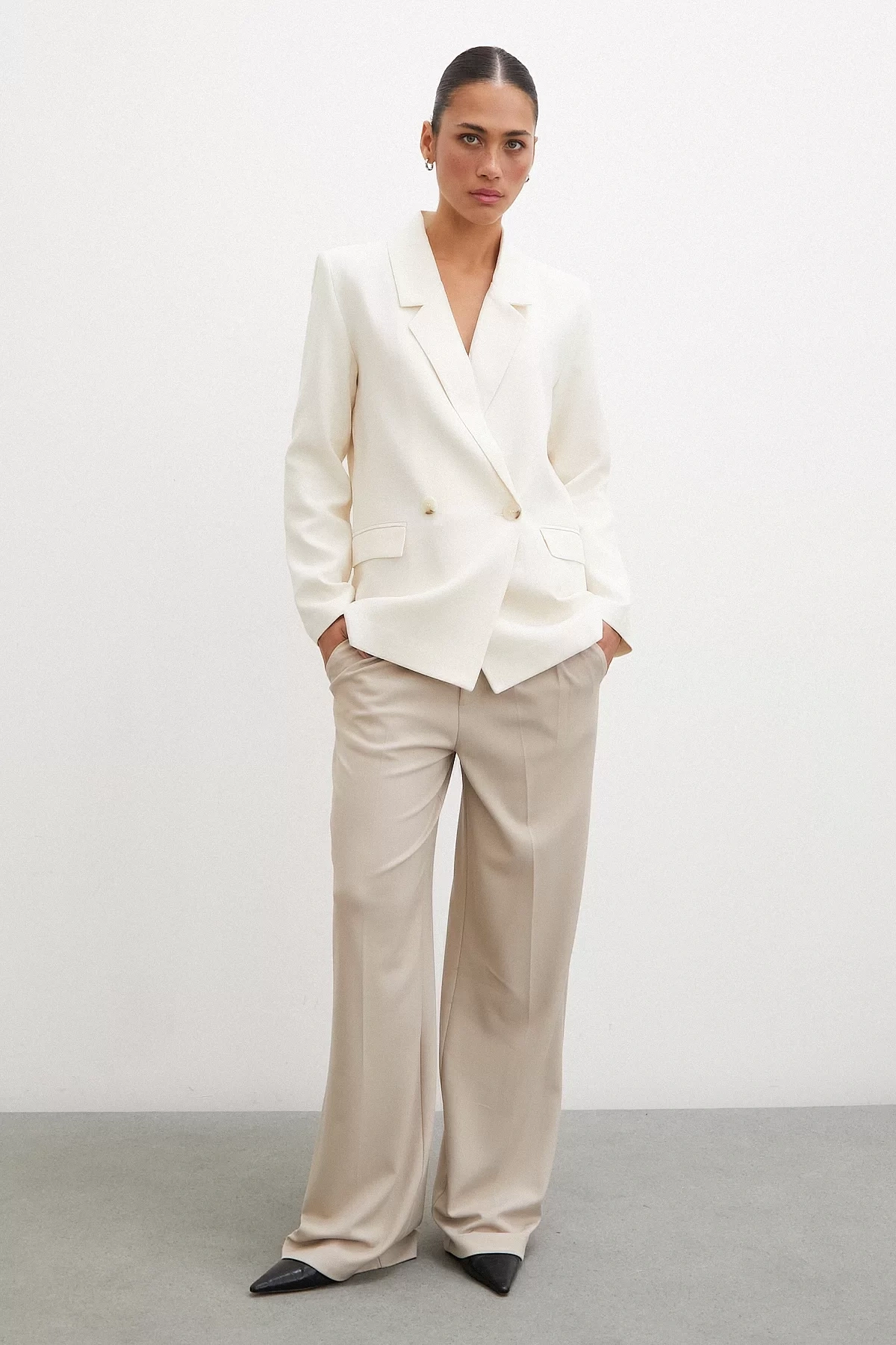 Çift Düğmeli Keten Blazer Ceket Ekru