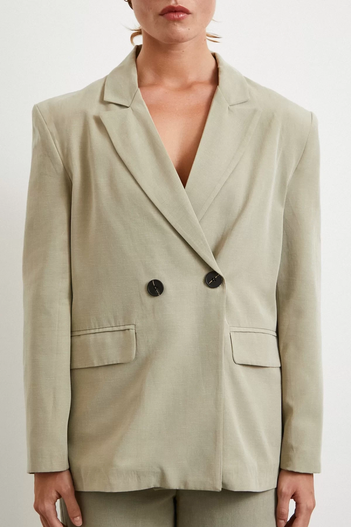 Çift Düğmeli Keten Blazer Ceket Gri