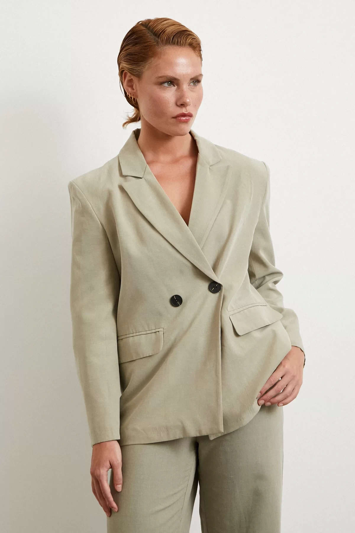 Çift Düğmeli Keten Blazer Ceket Gri