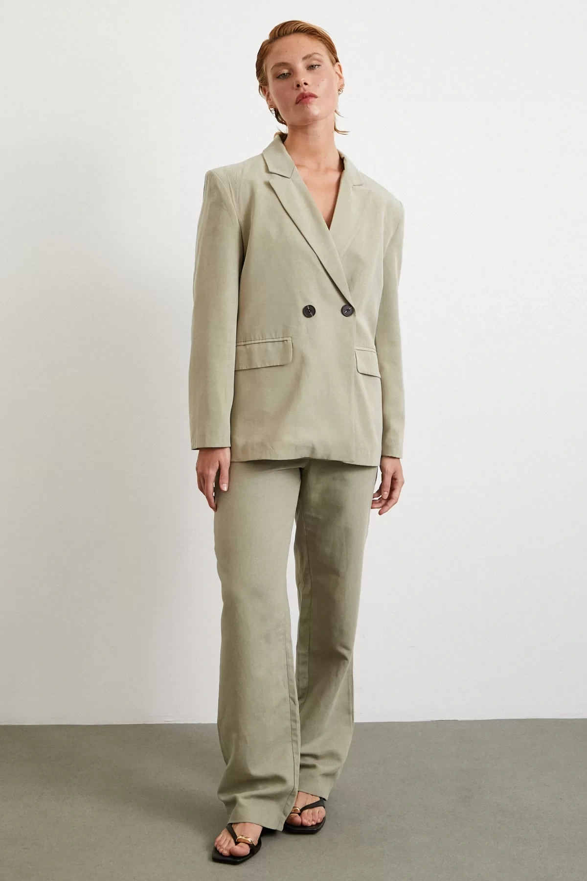 Çift Düğmeli Keten Blazer Ceket Gri